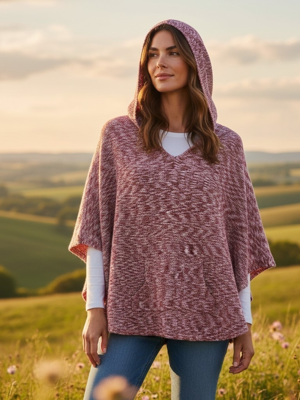 NWOT 2018 rue21 Maroon Marled /Static Knit Hooded Poncho w/ Kangaroo Pocket OS